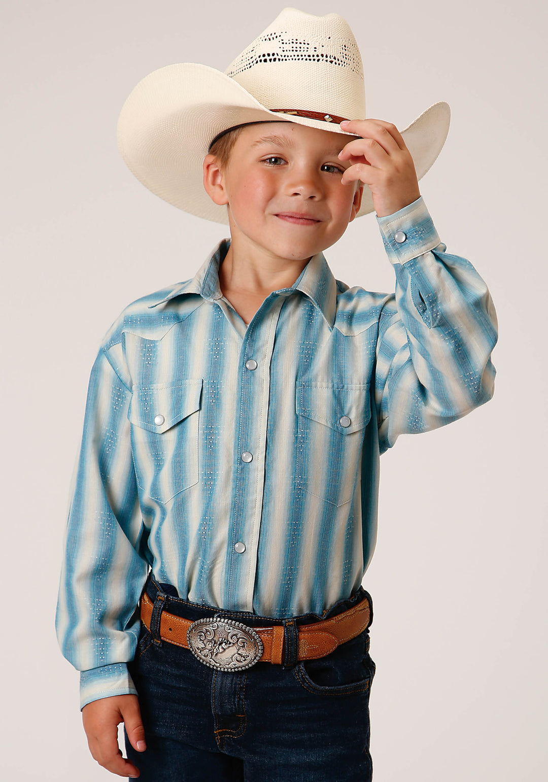 BOYS LONG SLEEVE SNAP AQUA AND CREAM OMBRE STRIPE WESTERN SHIRT