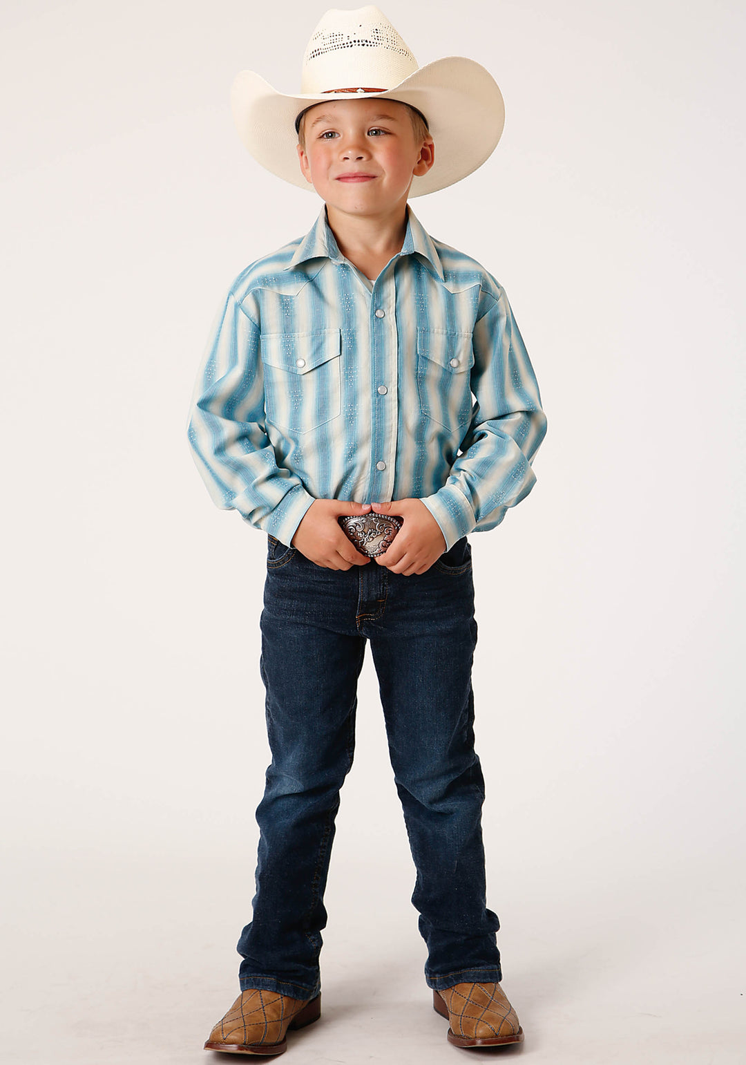 BOYS LONG SLEEVE SNAP AQUA AND CREAM OMBRE STRIPE WESTERN SHIRT