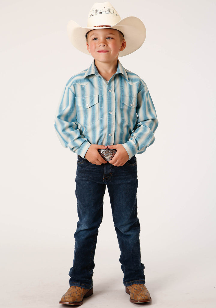 BOYS LONG SLEEVE SNAP AQUA AND CREAM OMBRE STRIPE WESTERN SHIRT