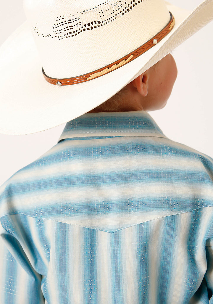 BOYS LONG SLEEVE SNAP AQUA AND CREAM OMBRE STRIPE WESTERN SHIRT