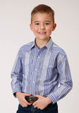 BOYS LONG SLEEVE SNAP BLUE AND WHITE WIDE STRIPE WESTERN SHIRT