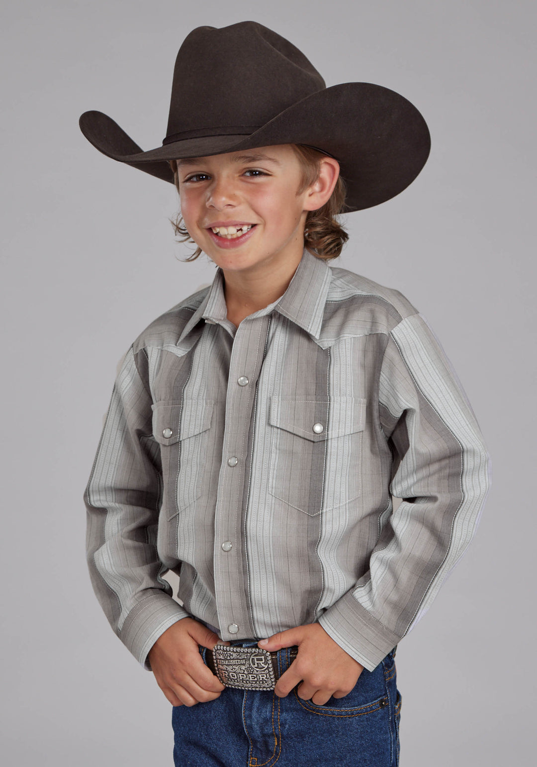 BOYS MULTI GRAY STRIPE LONG SLEEVE SNAP WESTERN SHIRT