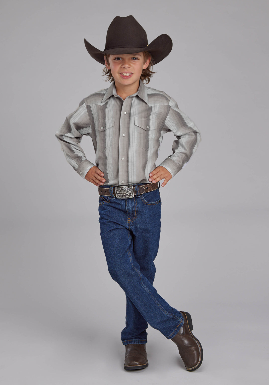 BOYS MULTI GRAY STRIPE LONG SLEEVE SNAP WESTERN SHIRT