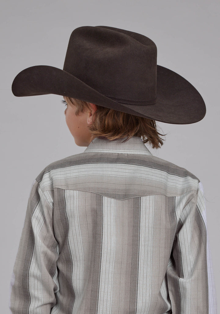 BOYS MULTI GRAY STRIPE LONG SLEEVE SNAP WESTERN SHIRT