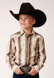 BOYS LONG SLEEVE SNAP BROWN AND CREAM OMBRE STRIPE WESTERN SHIRT
