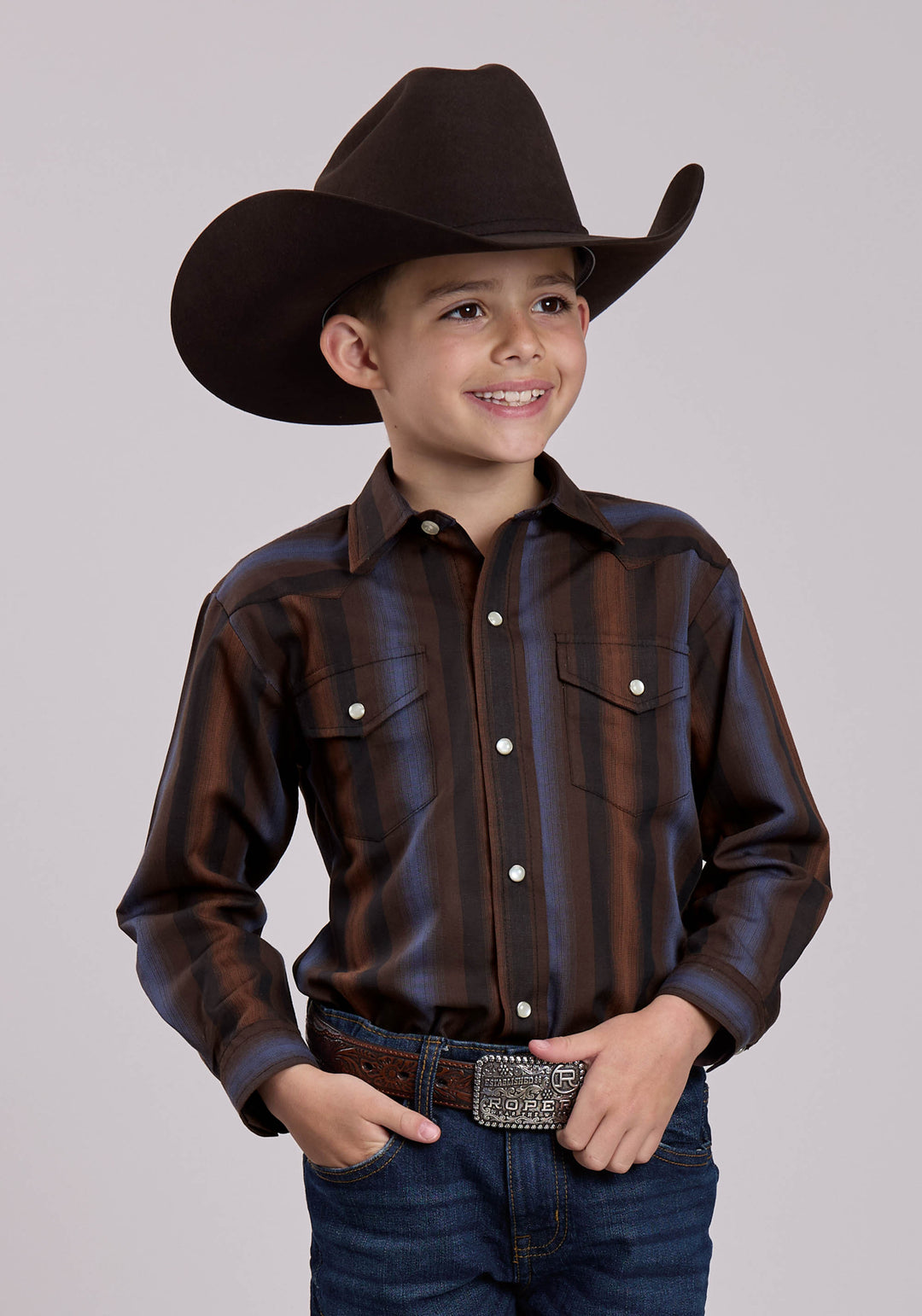 BOYS LONG SLEEVE SNAP BROWN  BLUE WIDE STRIPE WESTERN SHIRT