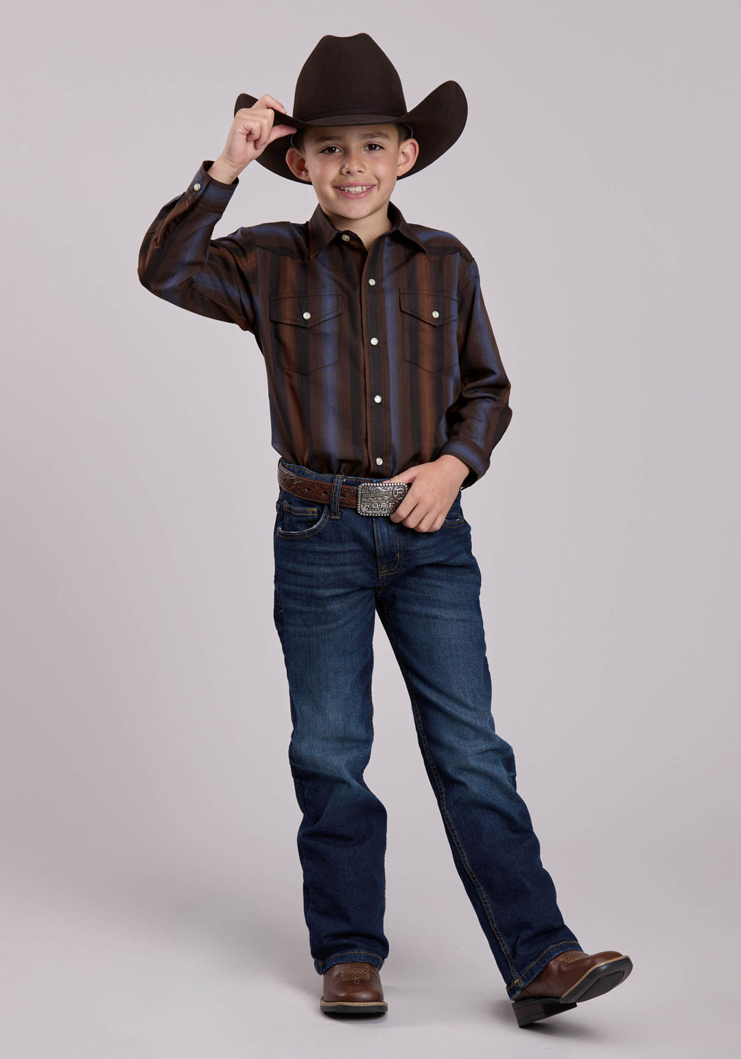BOYS LONG SLEEVE SNAP BROWN  BLUE WIDE STRIPE WESTERN SHIRT