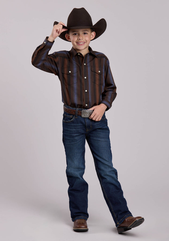 BOYS LONG SLEEVE SNAP BROWN  BLUE WIDE STRIPE WESTERN SHIRT