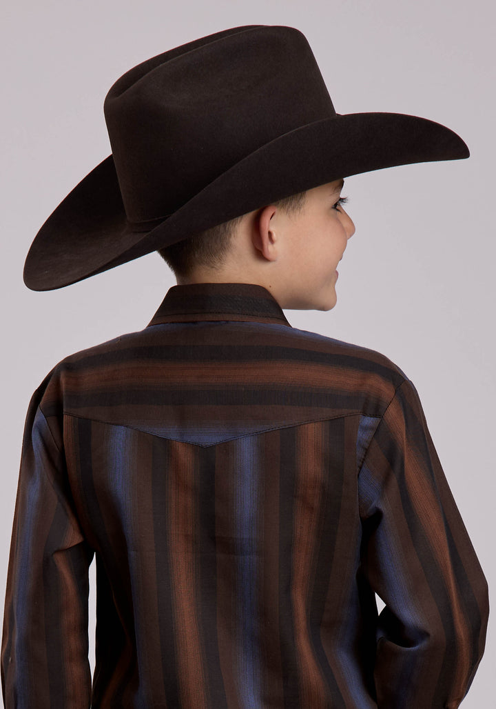 BOYS LONG SLEEVE SNAP BROWN  BLUE WIDE STRIPE WESTERN SHIRT