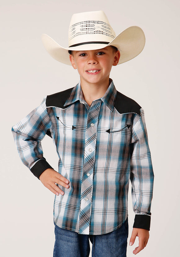 BOYS LONG SLEEVE SNAP PEACOCK BLUE BROWN BLACK WHITE PLAID WESTERN SHIRT