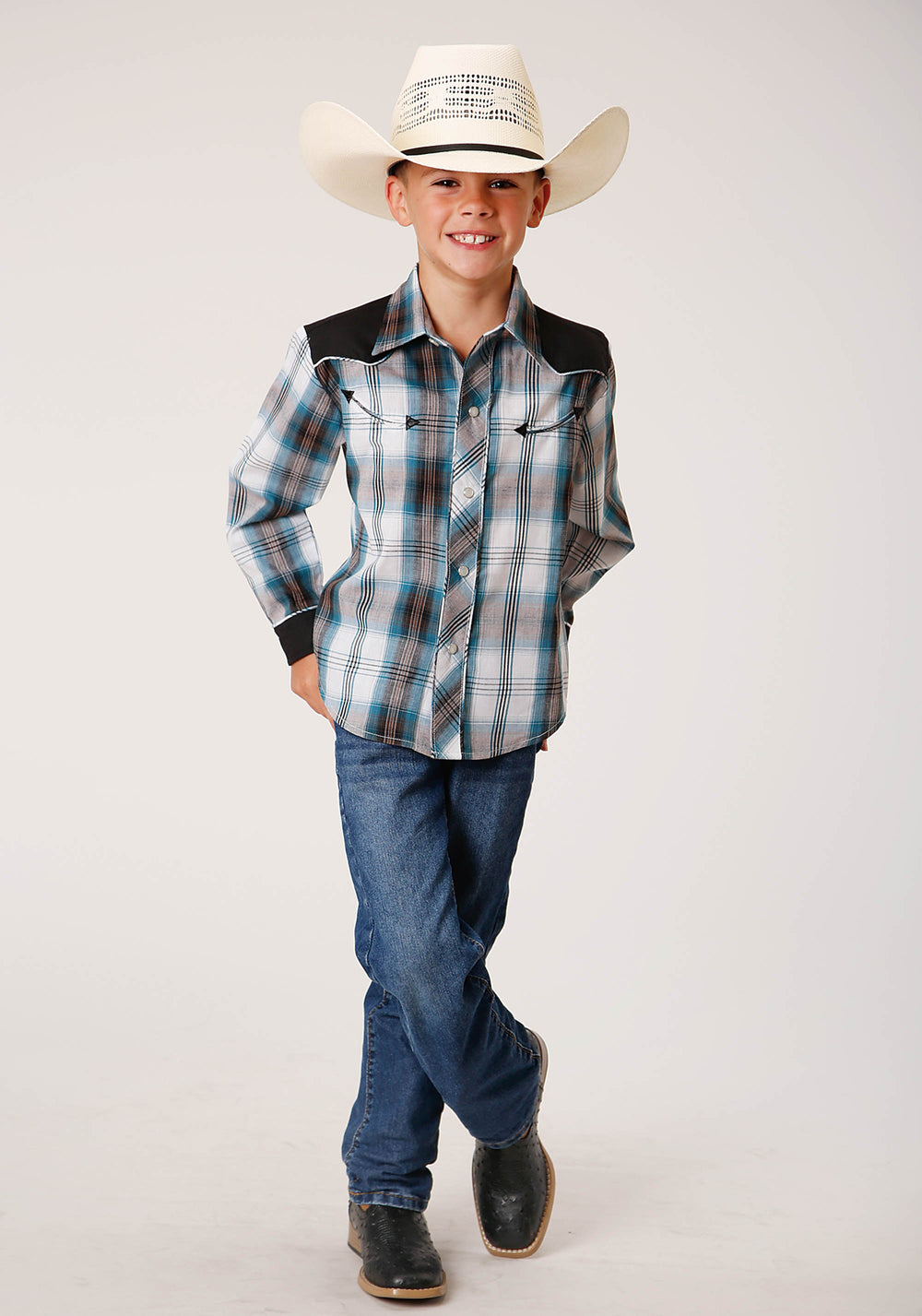 BOYS LONG SLEEVE SNAP PEACOCK BLUE BROWN BLACK WHITE PLAID WESTERN SHIRT