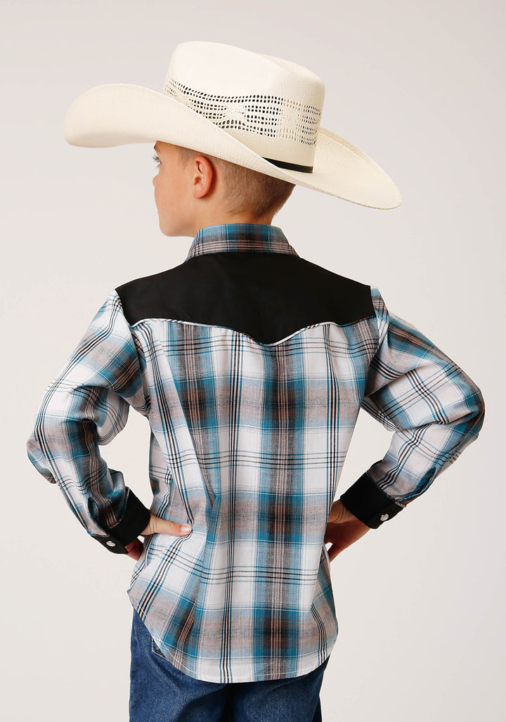 BOYS LONG SLEEVE SNAP PEACOCK BLUE BROWN BLACK WHITE PLAID WESTERN SHIRT