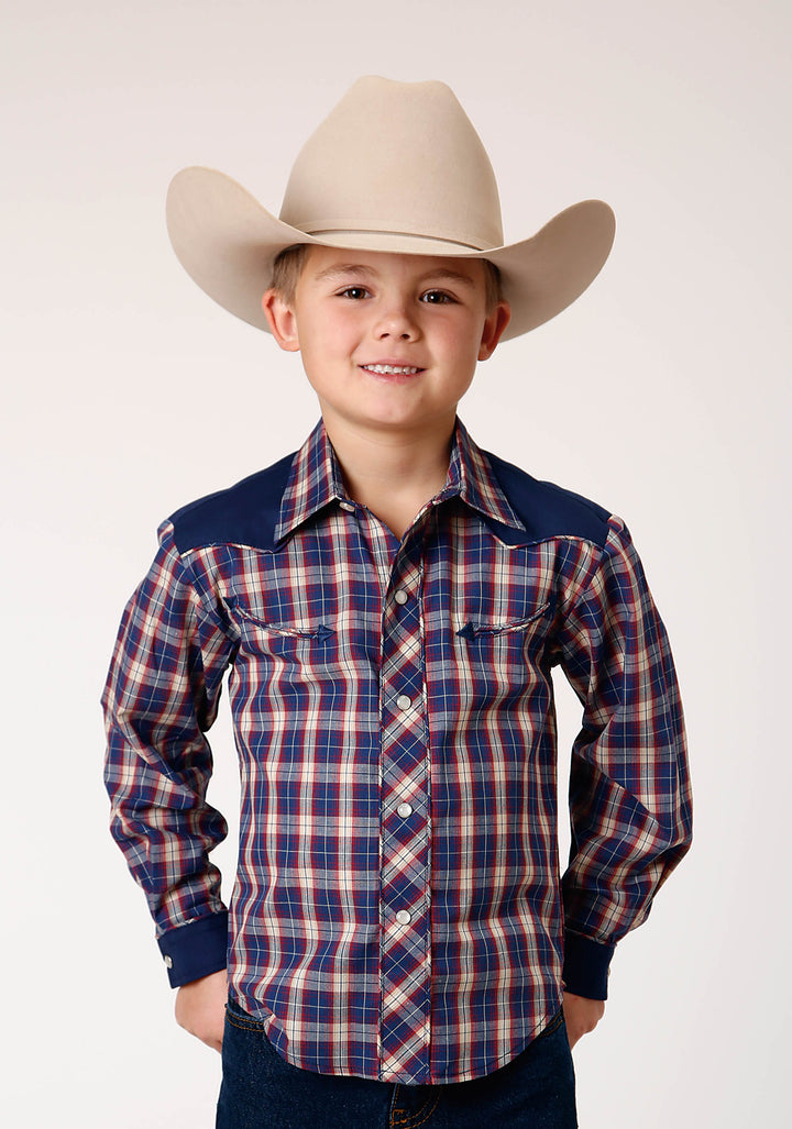 BOYS LONG SLEEVE SNAP NAVY RED CREAM PLAID WESTERN SHIRT WITH SOLID YOKES AND SMILE POCKETS