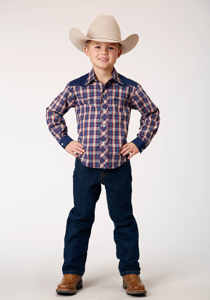 BOYS LONG SLEEVE SNAP NAVY RED CREAM PLAID WESTERN SHIRT WITH SOLID YOKES AND SMILE POCKETS
