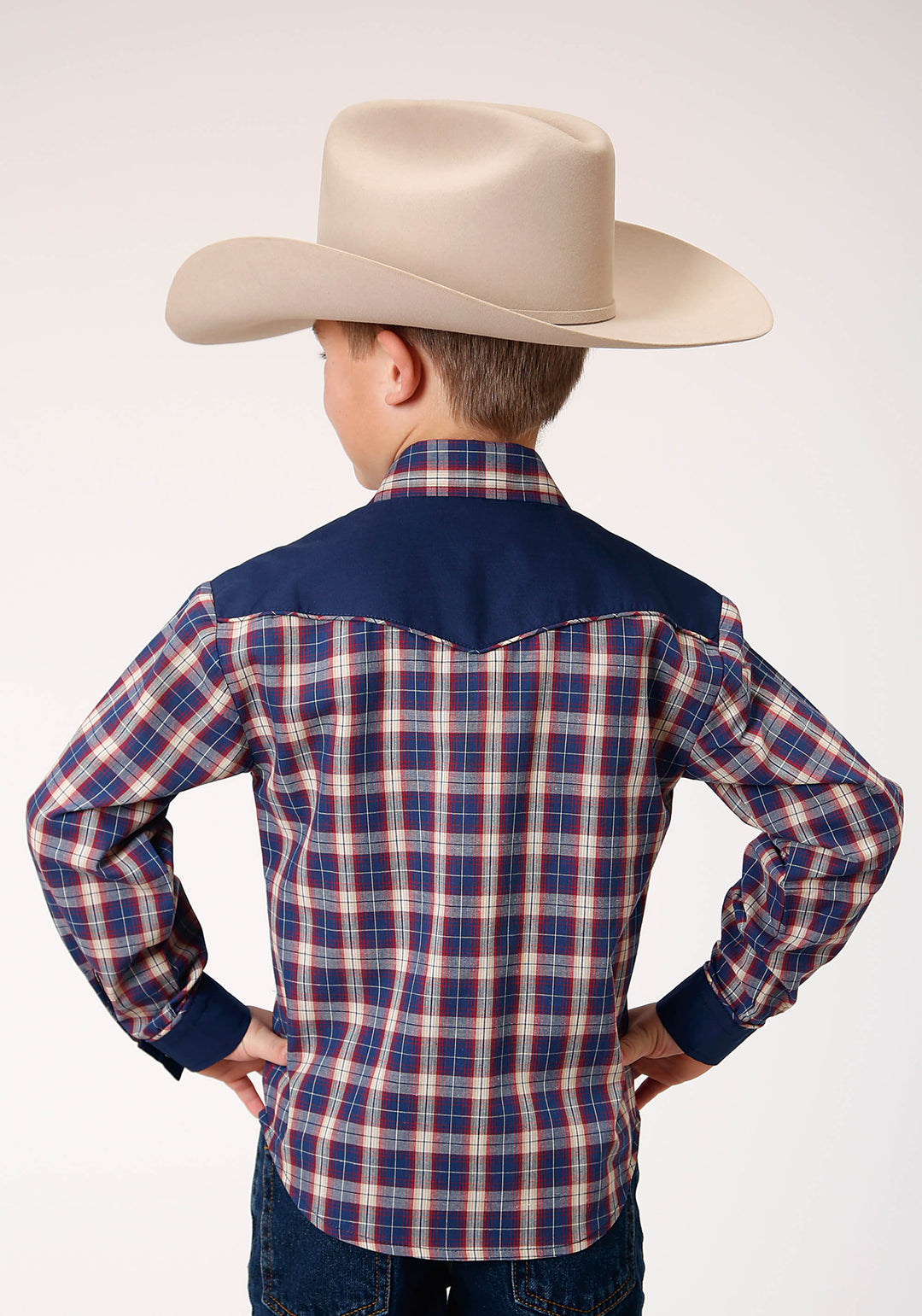 BOYS LONG SLEEVE SNAP NAVY RED CREAM PLAID WESTERN SHIRT WITH SOLID YOKES AND SMILE POCKETS