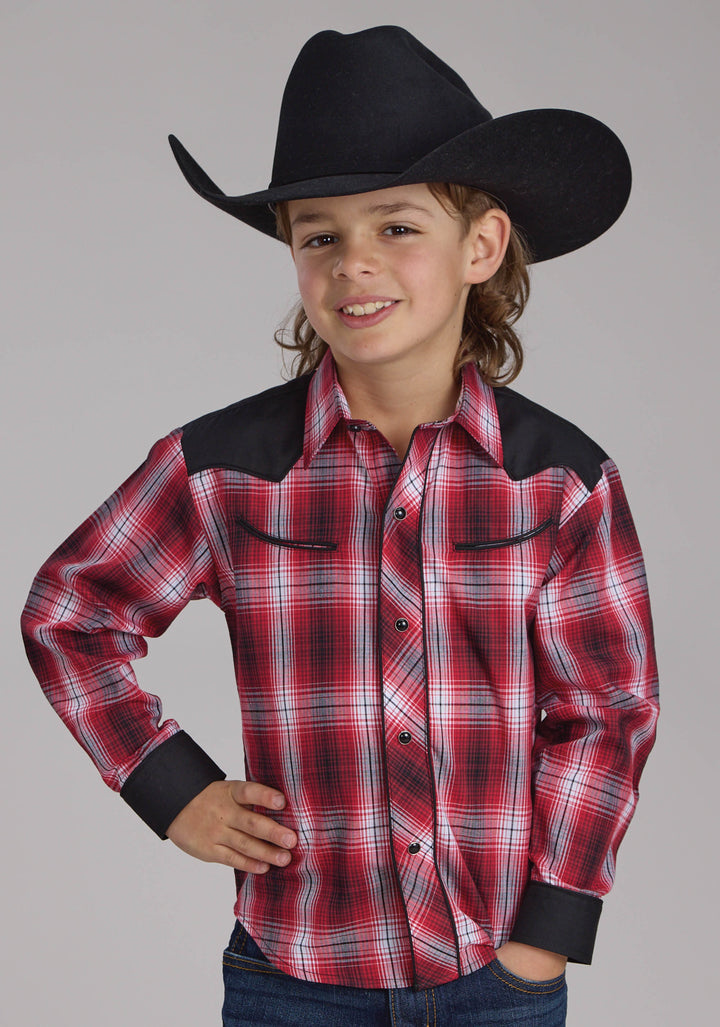 BOYS RED WHITE AND BLACK PLAID LONG SLEEVE SNAP WESTERN SHIRT