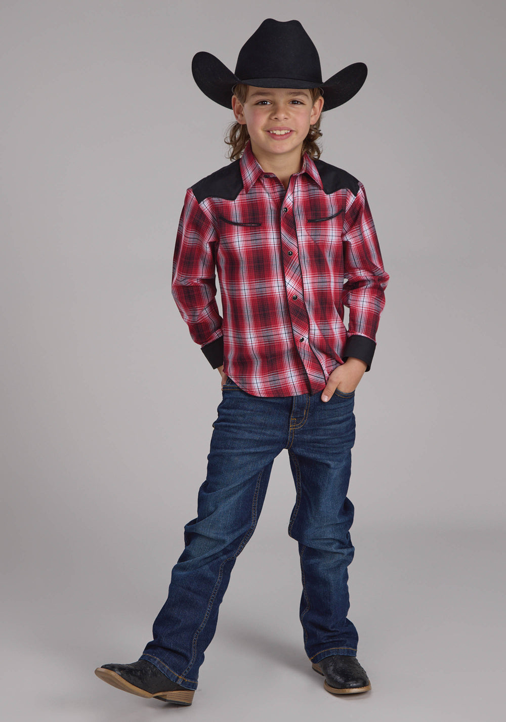 BOYS RED WHITE AND BLACK PLAID LONG SLEEVE SNAP WESTERN SHIRT