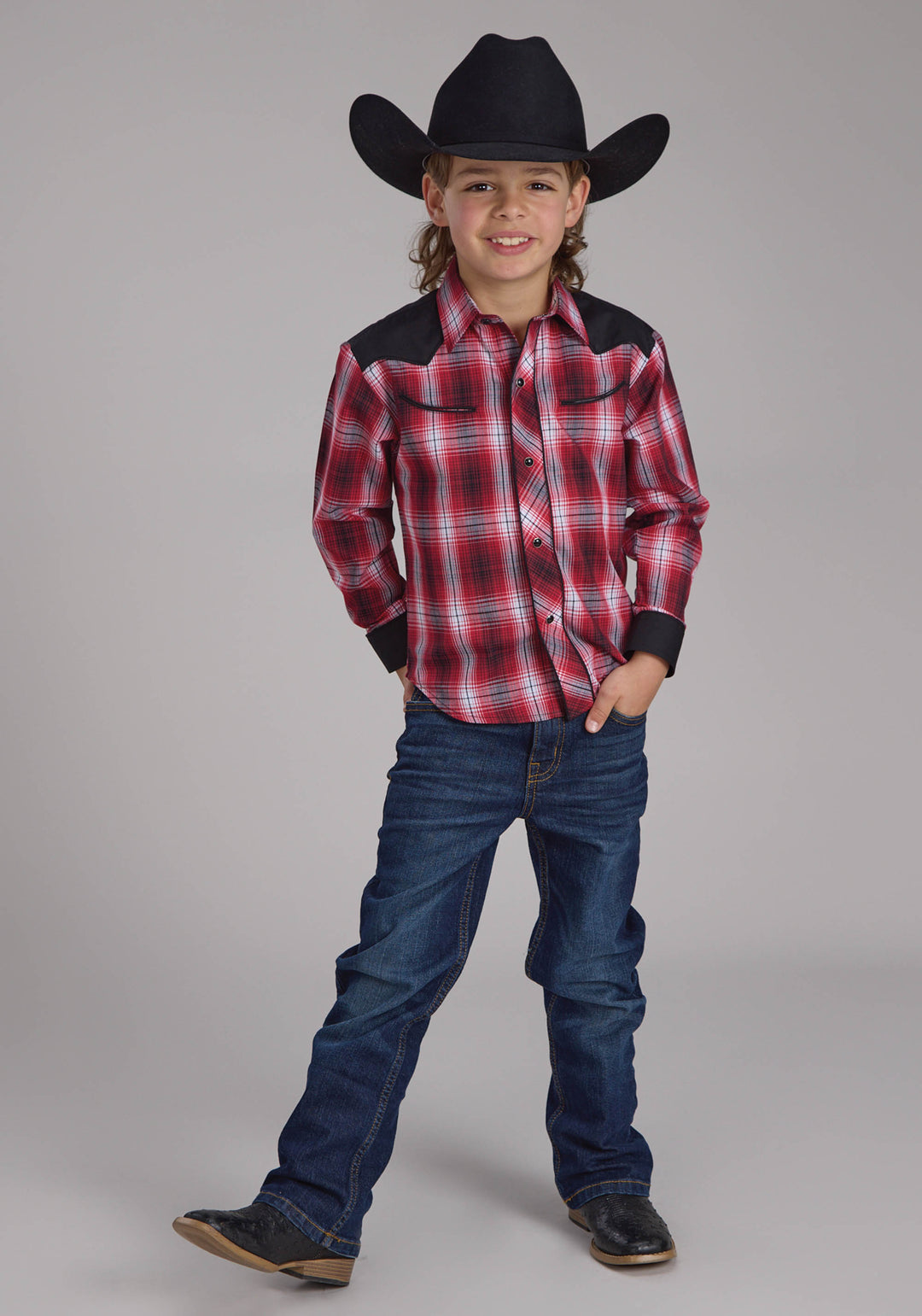 BOYS RED WHITE AND BLACK PLAID LONG SLEEVE SNAP WESTERN SHIRT