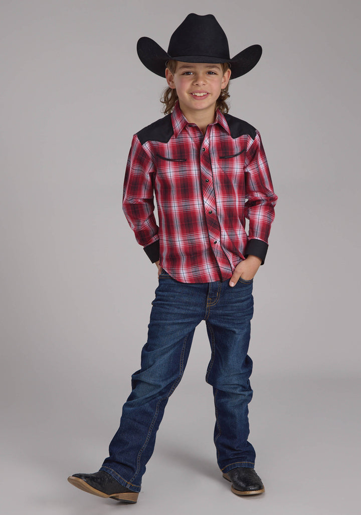 BOYS RED WHITE AND BLACK PLAID LONG SLEEVE SNAP WESTERN SHIRT