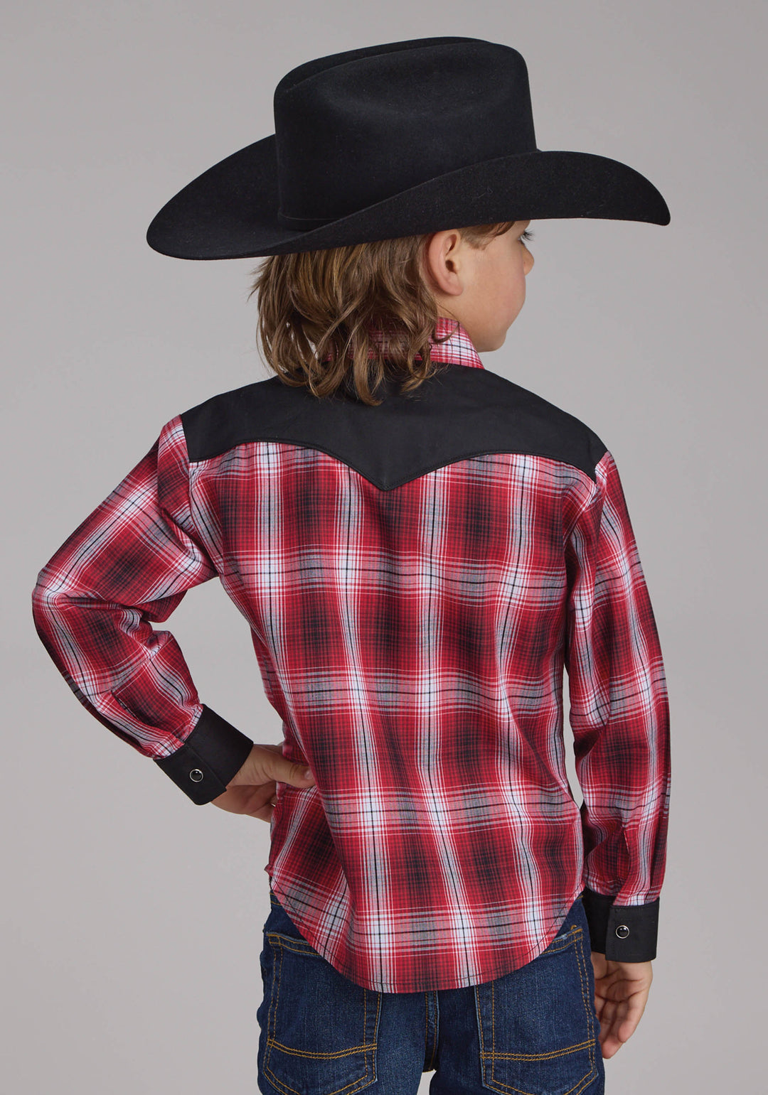 BOYS RED WHITE AND BLACK PLAID LONG SLEEVE SNAP WESTERN SHIRT