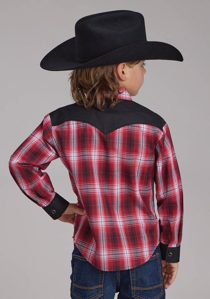 BOYS RED WHITE AND BLACK PLAID LONG SLEEVE SNAP WESTERN SHIRT