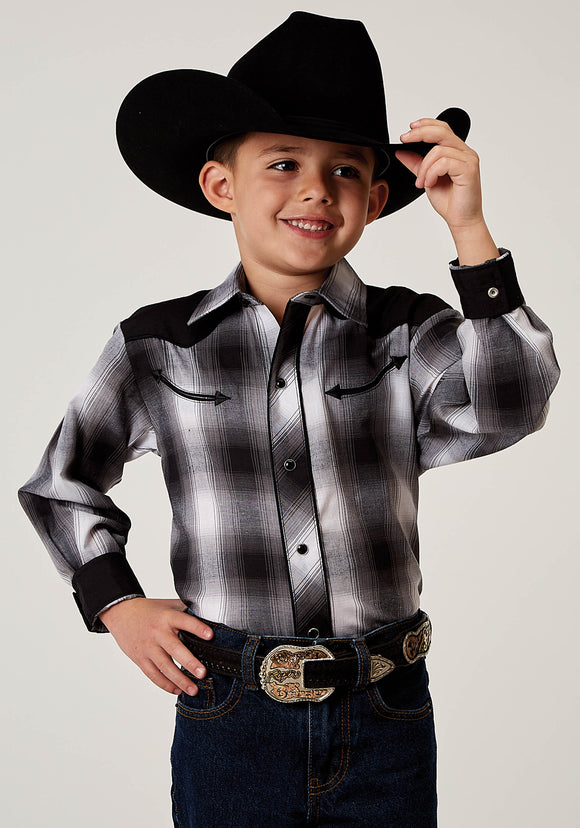 BOYS LONG SLEEVE SNAP BLACK AND WHITE PLAID WESTERN SHIRT WITH PIPING SOLID YOKES SMILE POCKETS