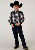 BOYS LONG SLEEVE SNAP BLACK AND WHITE PLAID WESTERN SHIRT WITH PIPING SOLID YOKES SMILE POCKETS