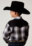 BOYS LONG SLEEVE SNAP BLACK AND WHITE PLAID WESTERN SHIRT WITH PIPING SOLID YOKES SMILE POCKETS