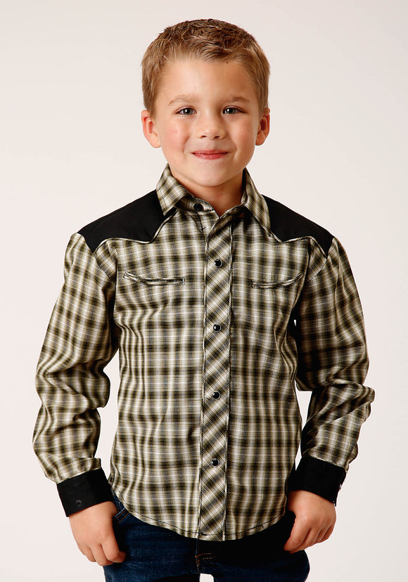 BOYS LONG SLEEVE SNAP OLIVE BLACK CREAM WINDOWPANE PLAID WESTERN SHIRT