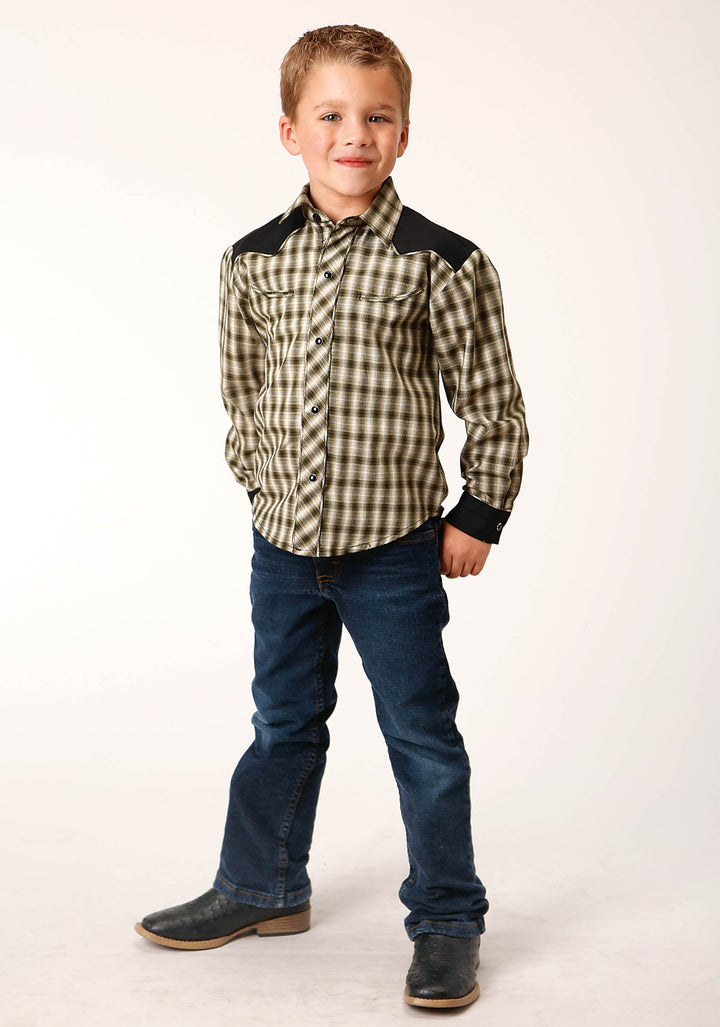BOYS LONG SLEEVE SNAP OLIVE BLACK CREAM WINDOWPANE PLAID WESTERN SHIRT