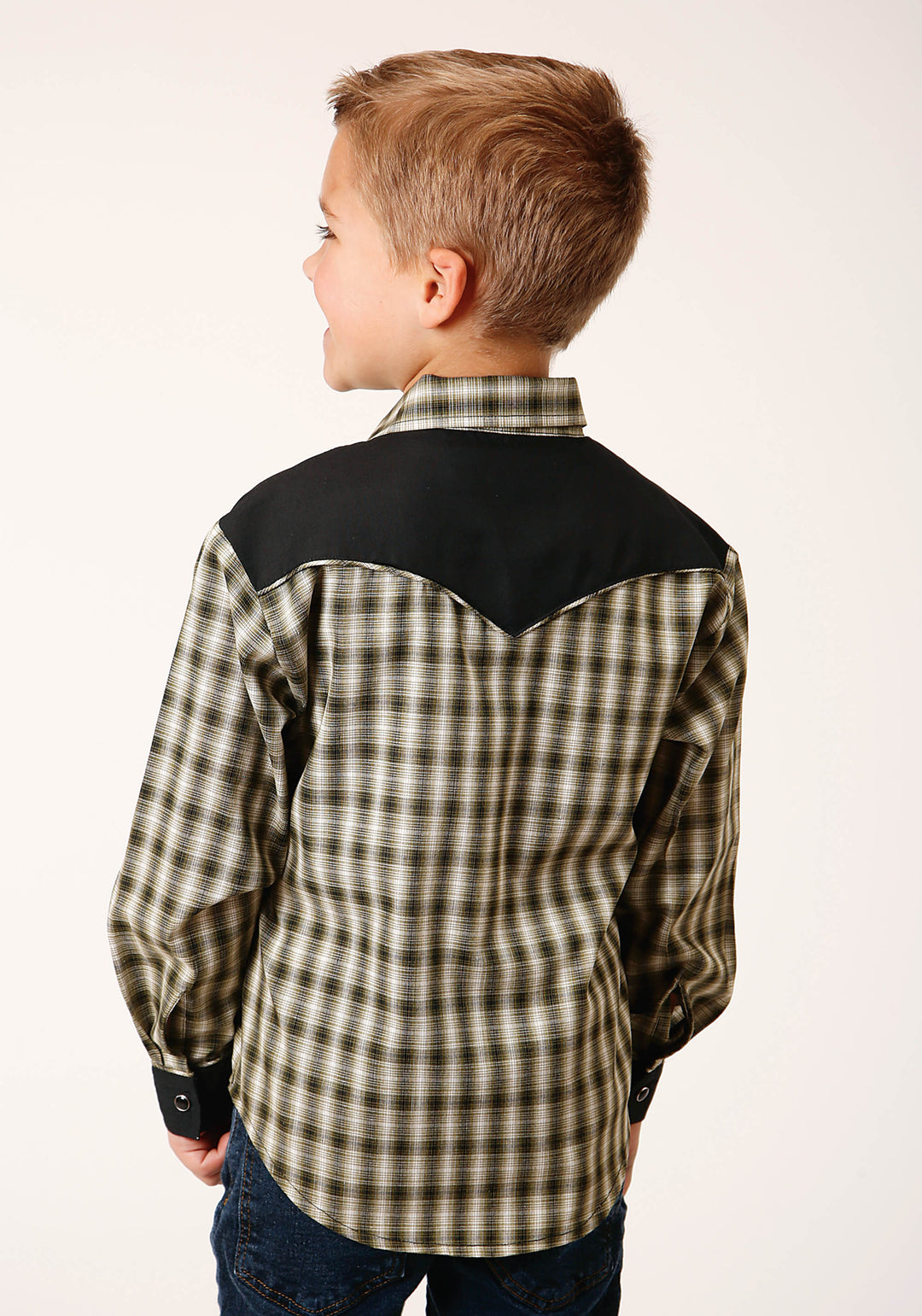 BOYS LONG SLEEVE SNAP OLIVE BLACK CREAM WINDOWPANE PLAID WESTERN SHIRT