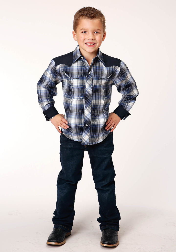 BOYS LONG SLEEVE SNAP NAVY ROYAL  AND WHITE PLAID WESTERN SHIRT