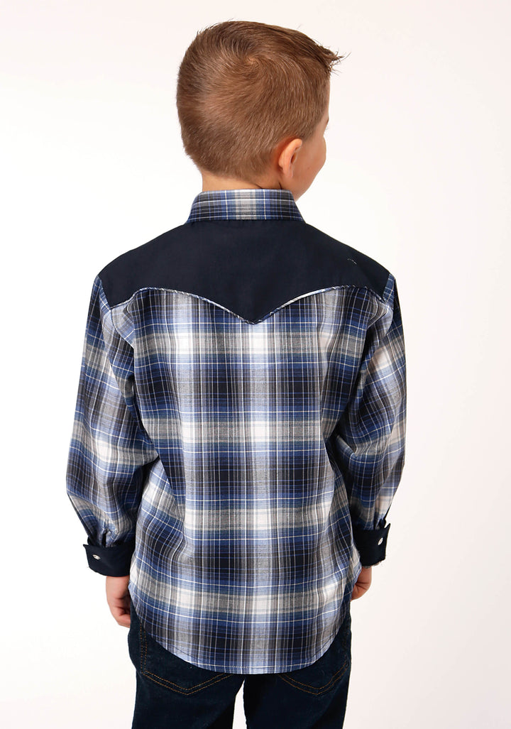 BOYS LONG SLEEVE SNAP NAVY ROYAL  AND WHITE PLAID WESTERN SHIRT