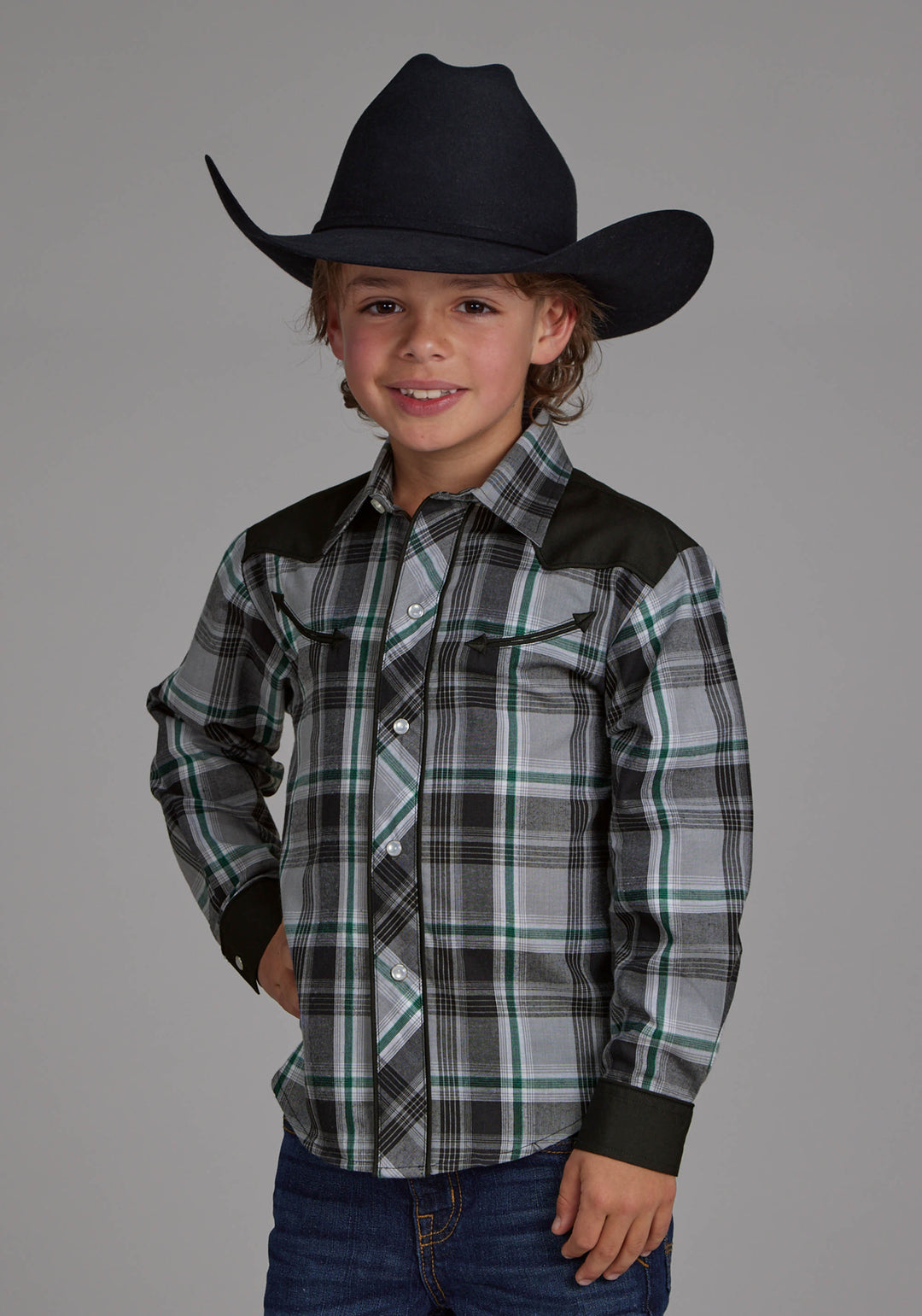 BOYS GRAY BLACK AND WHITE PLAID LONG SLEEVE SNAP WESTERN SHIRT