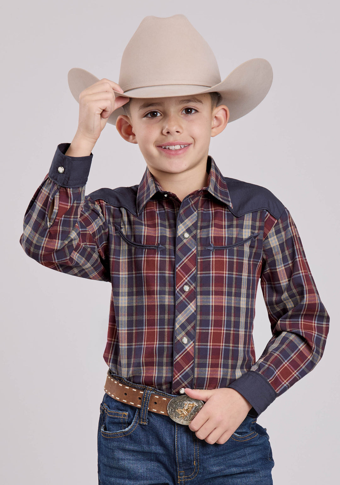 BOYS LONG SLEEVE SNAP NAVY WINE TAN PLAID WESTERN SHIRT