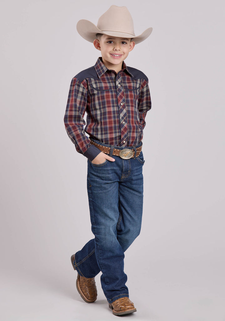 BOYS LONG SLEEVE SNAP NAVY WINE TAN PLAID WESTERN SHIRT