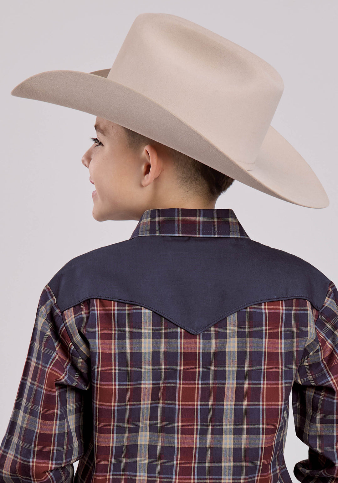 BOYS LONG SLEEVE SNAP NAVY WINE TAN PLAID WESTERN SHIRT