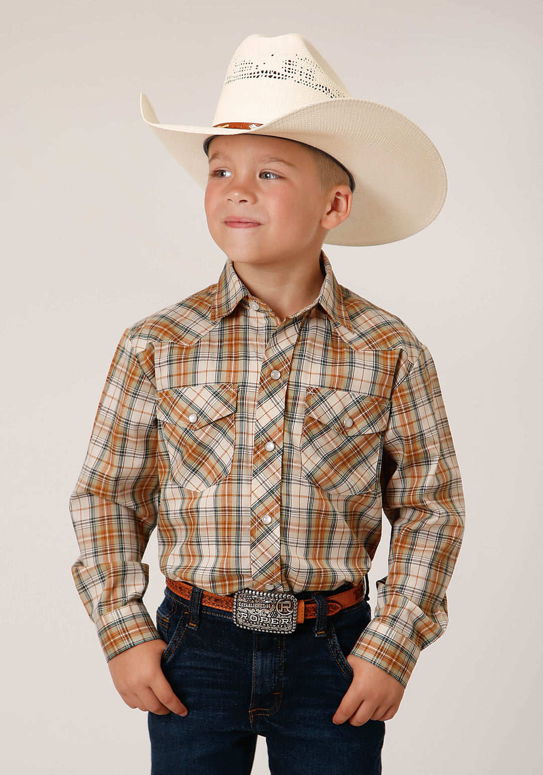 BOYS LONG SLEEVE SNAP KHAKI FOREST GREEN CREAM PLAID WESTERN SHIRT