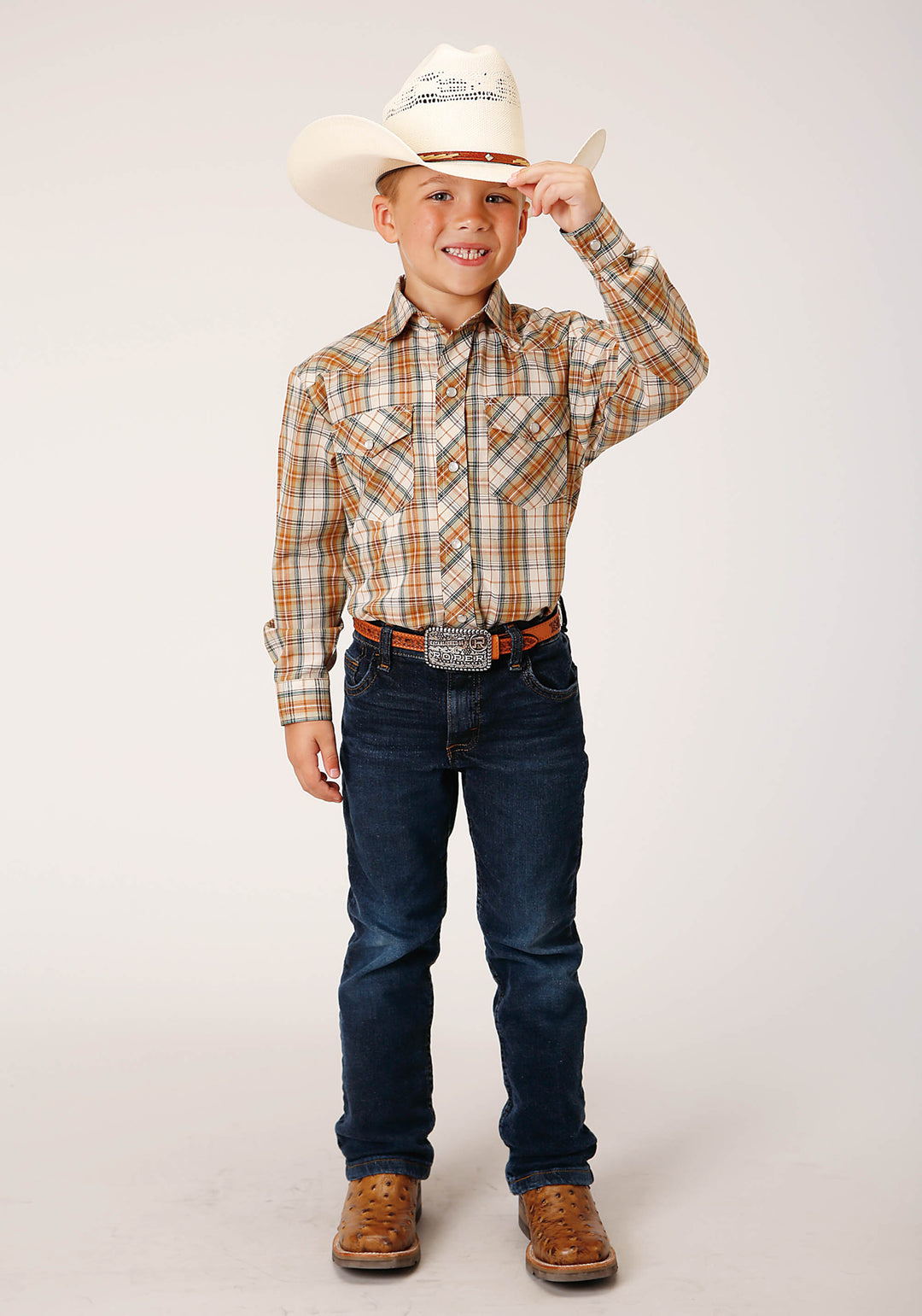BOYS LONG SLEEVE SNAP KHAKI FOREST GREEN CREAM PLAID WESTERN SHIRT