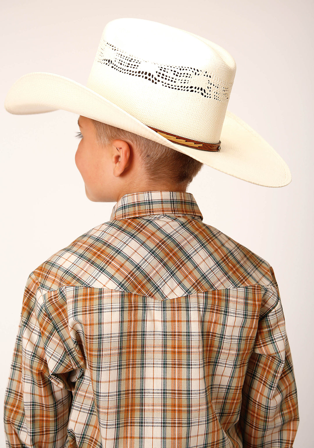 BOYS LONG SLEEVE SNAP KHAKI FOREST GREEN CREAM PLAID WESTERN SHIRT