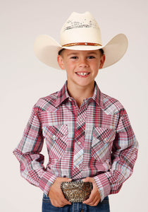 BOYS LONG SLEEVE SNAP RED PRIMARY COLORS PLAID WESTERN SHIRT