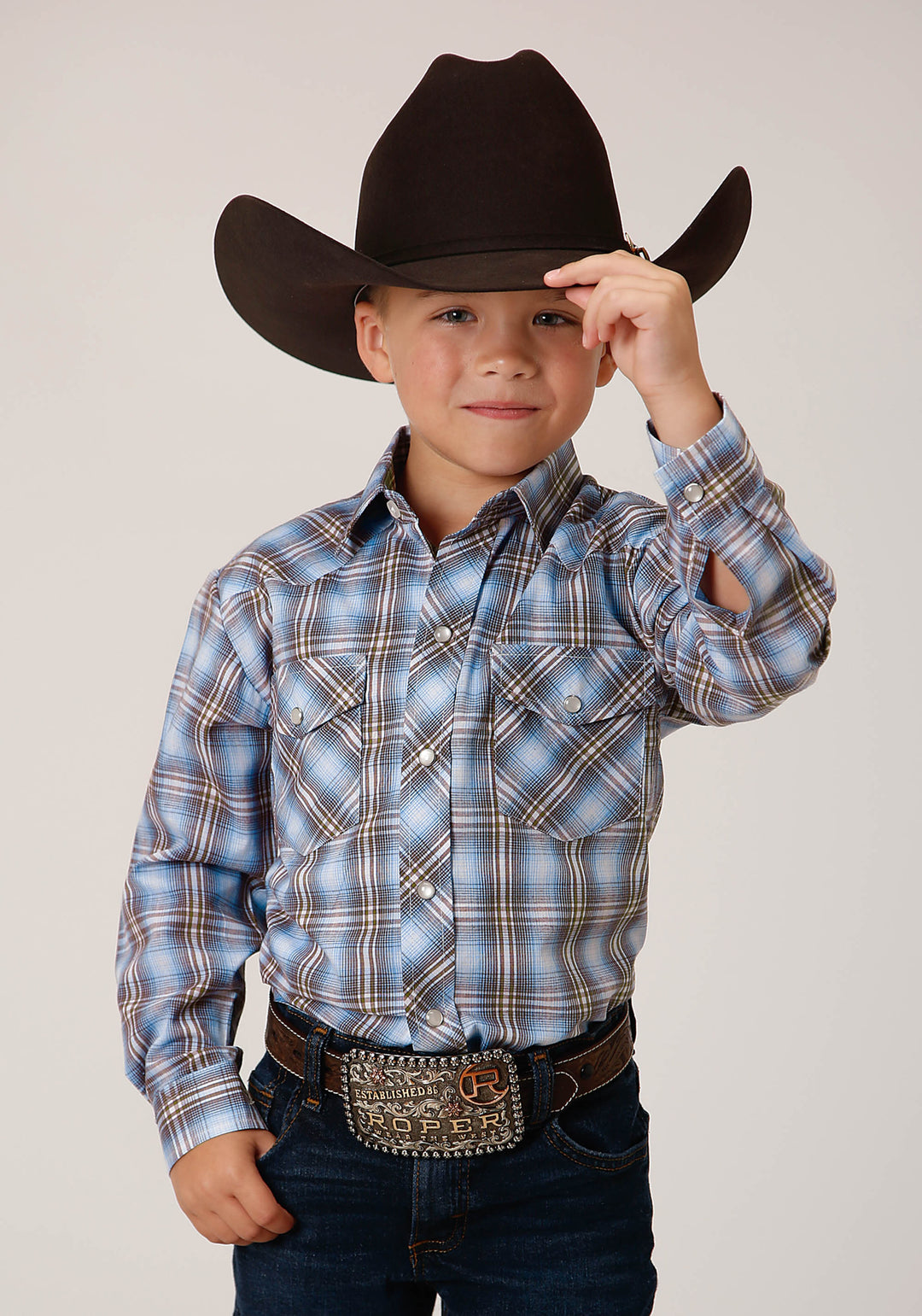 BOYS LONG SLEEVE SNAP LIGHT BLUE CHOCOLATE WHITE PLAID WESTERN SHIRT