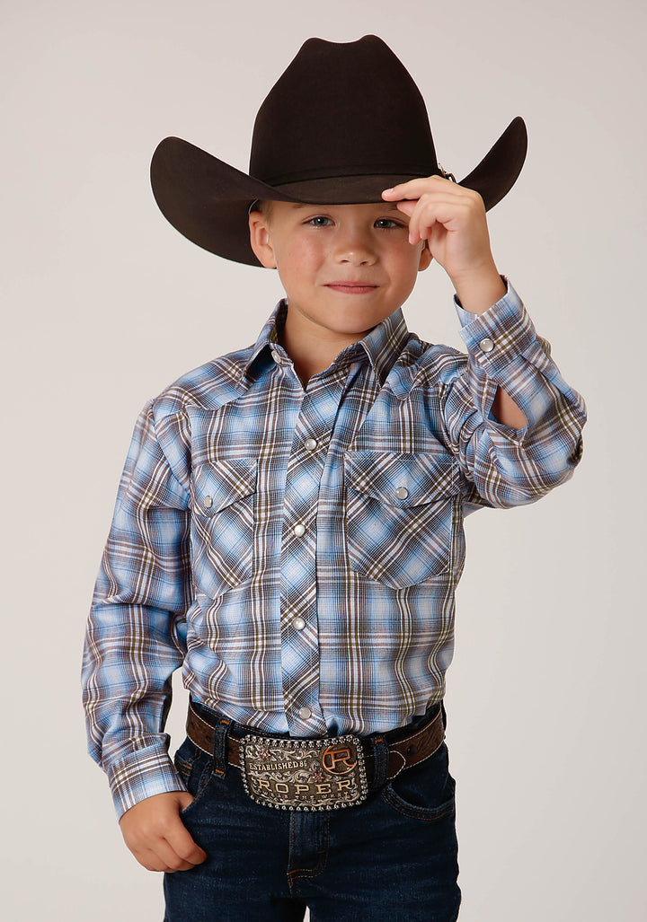 BOYS LONG SLEEVE SNAP LIGHT BLUE CHOCOLATE WHITE PLAID WESTERN SHIRT