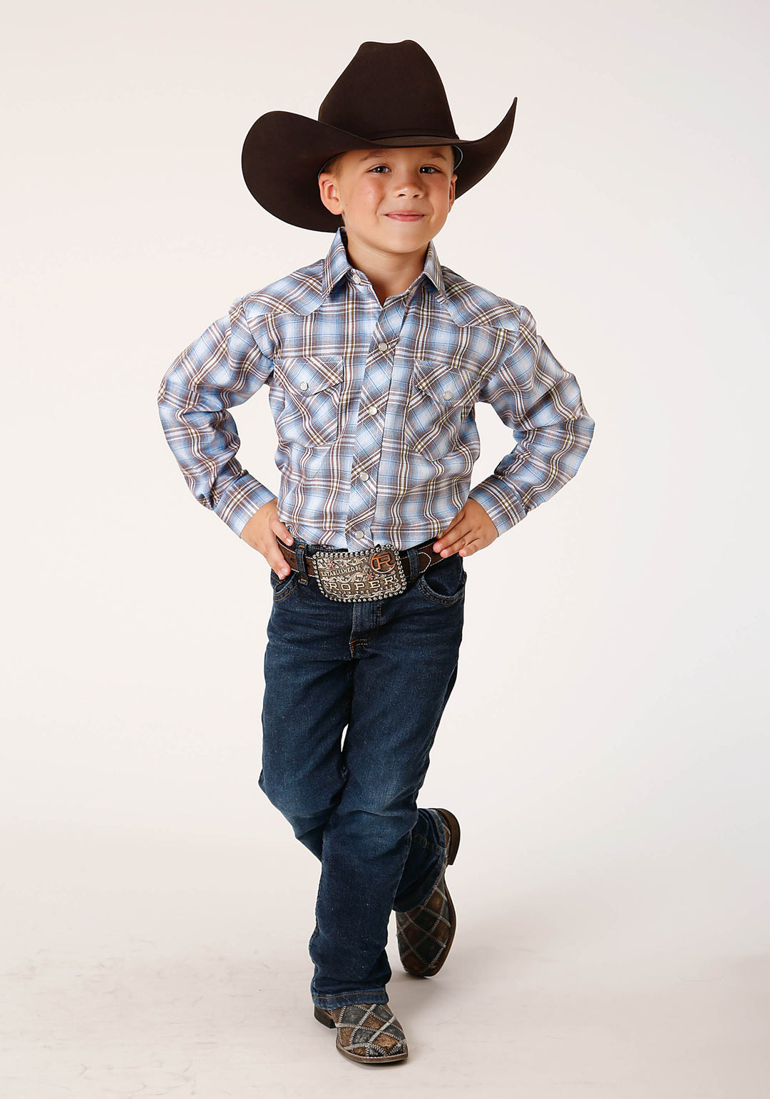 BOYS LONG SLEEVE SNAP LIGHT BLUE CHOCOLATE WHITE PLAID WESTERN SHIRT