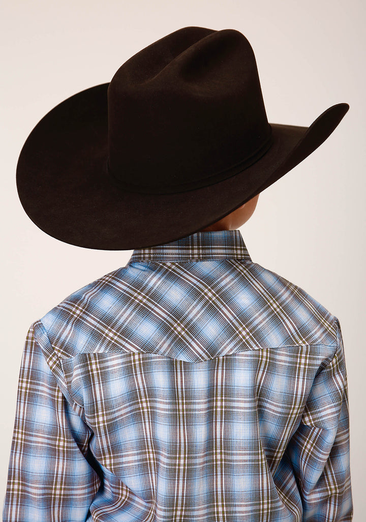 BOYS LONG SLEEVE SNAP LIGHT BLUE CHOCOLATE WHITE PLAID WESTERN SHIRT
