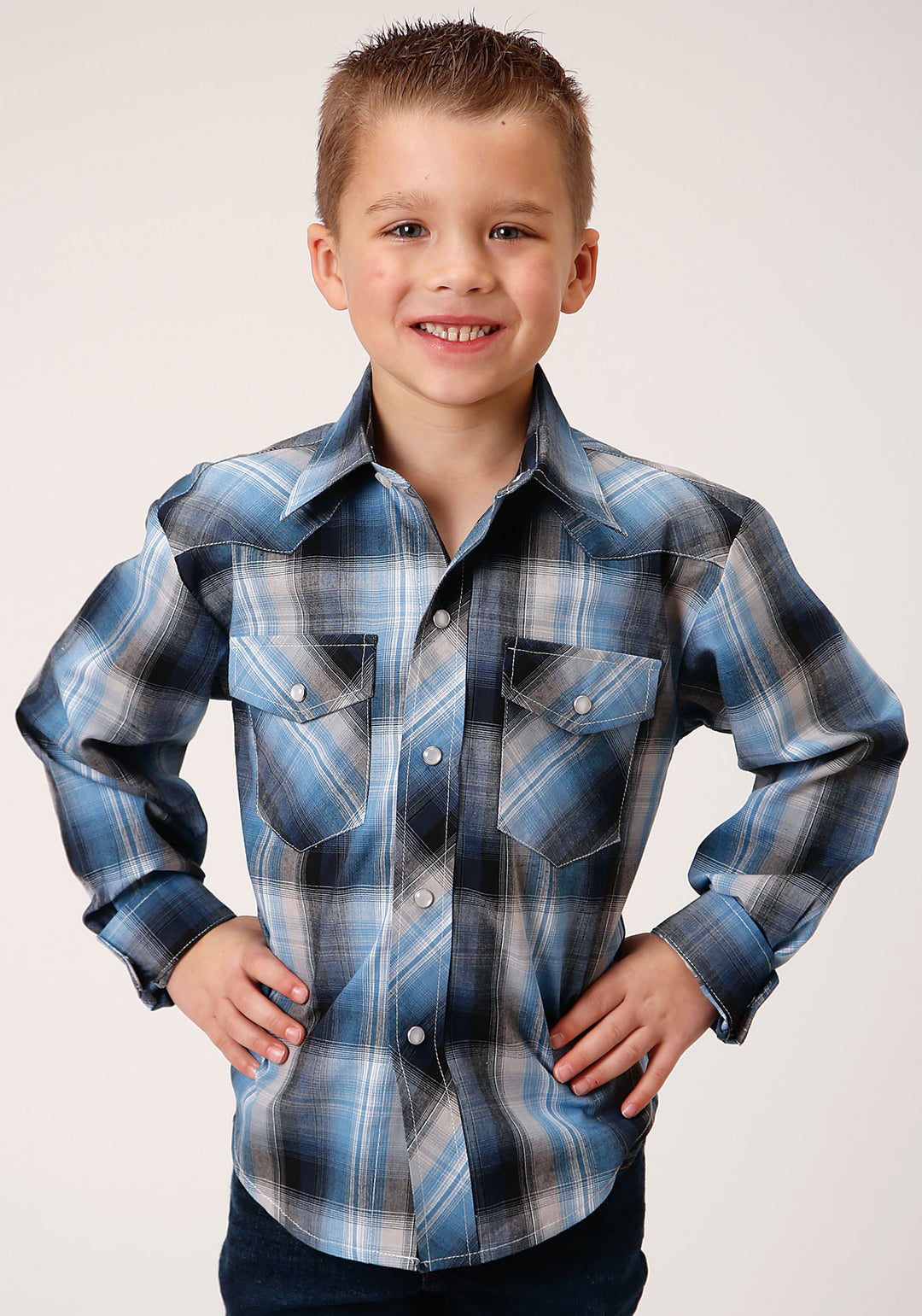 BOYS LONG SLEEVE SNAP LIGHT BLUE AND NAVY PLAID WESTERN SHIRT