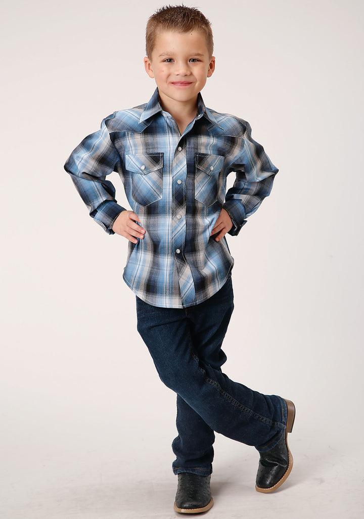 BOYS LONG SLEEVE SNAP LIGHT BLUE AND NAVY PLAID WESTERN SHIRT