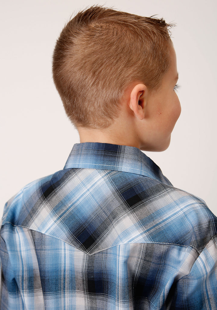 BOYS LONG SLEEVE SNAP LIGHT BLUE AND NAVY PLAID WESTERN SHIRT