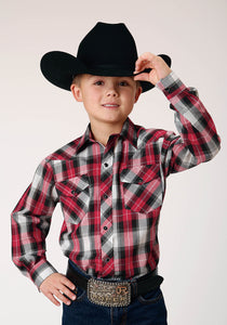 BOYS LONG SLEEVE SNAP RED BLACK GREY PLAID WESTERN SHIRT