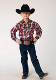 BOYS LONG SLEEVE SNAP RED BLACK GREY PLAID WESTERN SHIRT